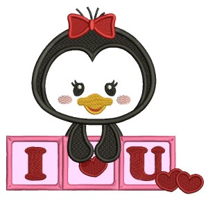 I Love You Cute Penguin Applique Machine Embroidery Design Digitized Pattern 